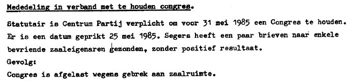 Centrumpartij last congres af wegens gebrek aan zaalruimte (Bron: BVD verslag CP vergadering)