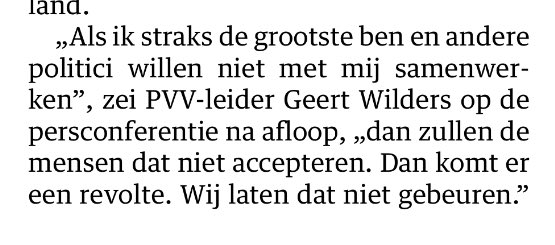 Wilders dreigt (net als De Roon in het verleden op iets andere wijze deed) met een revolte. NRC januari 2016