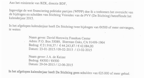 Brief Wilders aan Ministerie overzicht inkomsten Stichting Vrienden van de PVV, juni 2016