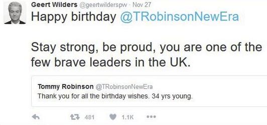 Wilders feliciteert extreemrechtse Britse activist Tommy Robinson (pseudoniem van Stephen Yaxley-Lennon), 2016