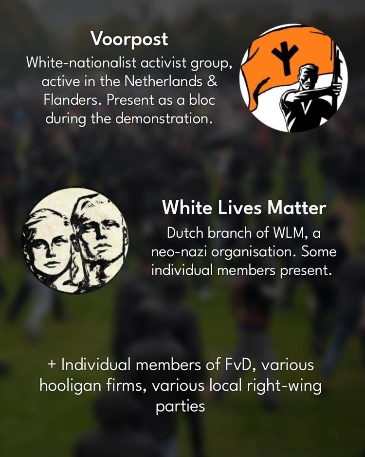 Voorpost:

White-nationalist activist group, active in the Netherlands & Flanders. Present as a bloc during the demonstration.

White Lives Matter:

Dutch branch of WLM, a neo-nazi organisation. Some individual members present.

plus Individual members of FvD, various hooligan firms, various local right-wing parties